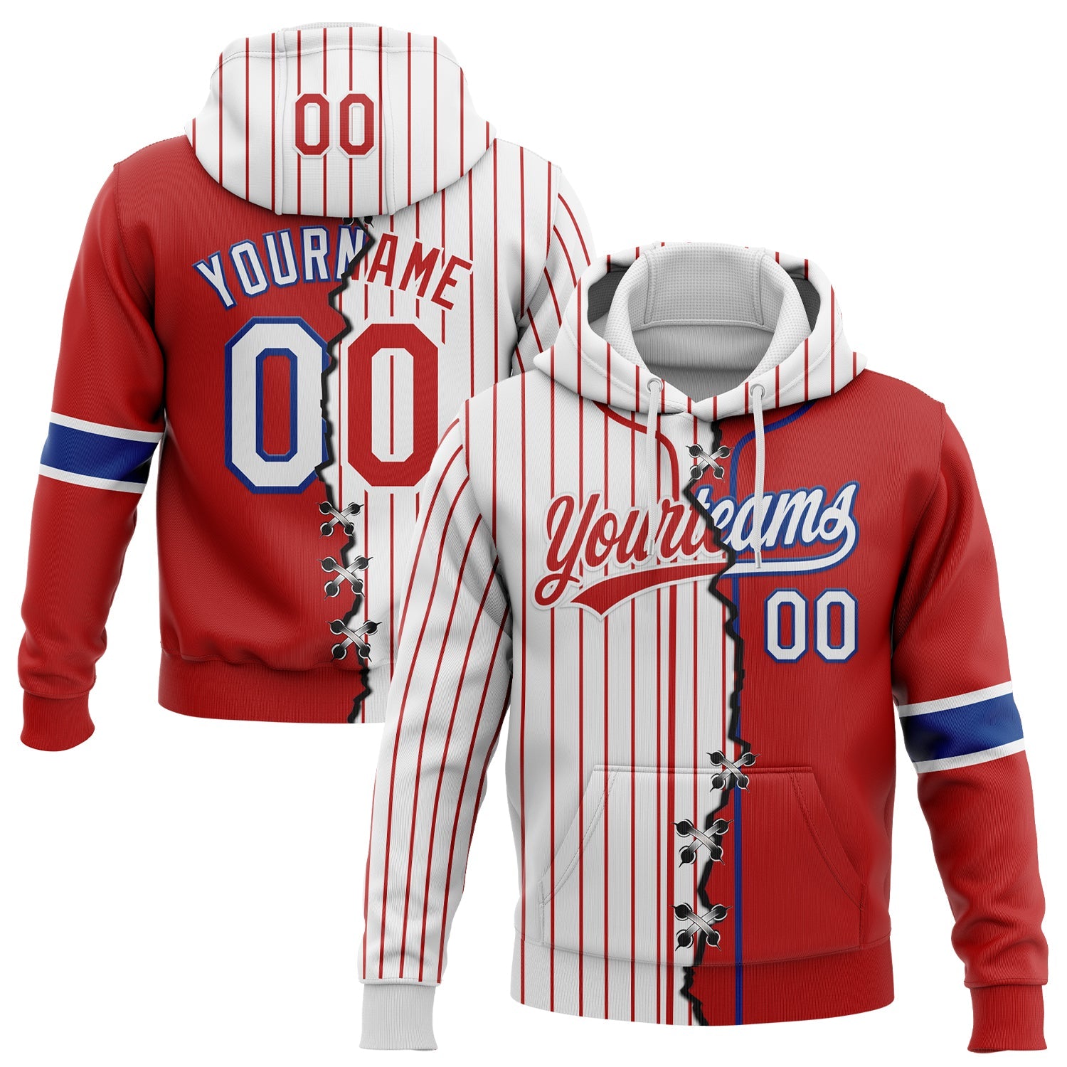 Custom Red White-Royal Pinstripe Split Ripped Pattern Baseball Pullover Sweatshirt Hoodie - Main View