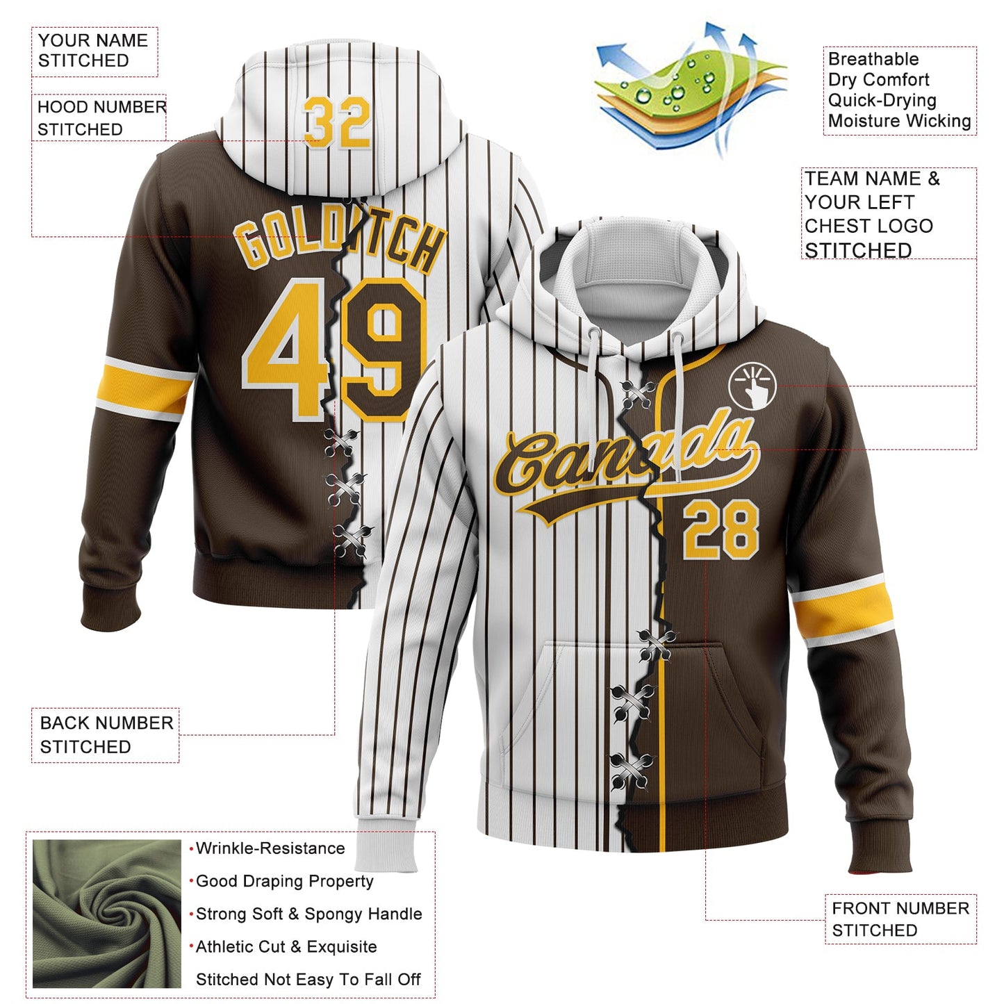 Custom Brown Gold-White Pinstripe Split Ripped Pattern Baseball Pullover Sweatshirt Hoodie view 2