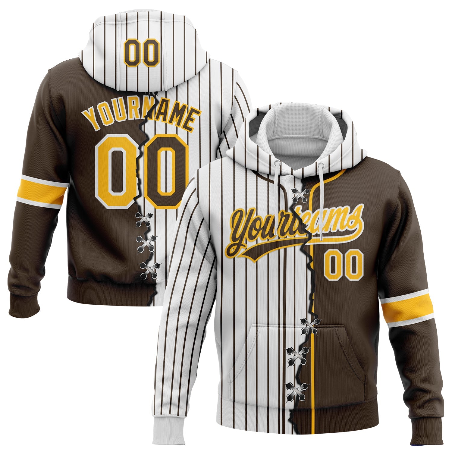 Custom Brown Gold-White Pinstripe Split Ripped Pattern Baseball Pullover Sweatshirt Hoodie - Main View