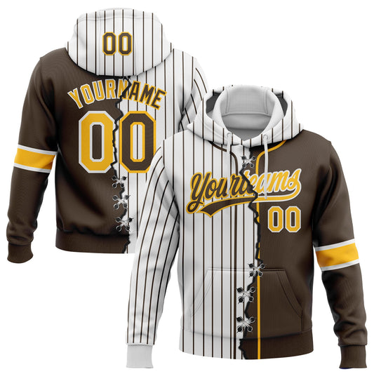Custom Brown Gold-White Pinstripe Split Ripped Pattern Baseball Pullover Sweatshirt Hoodie - Main View