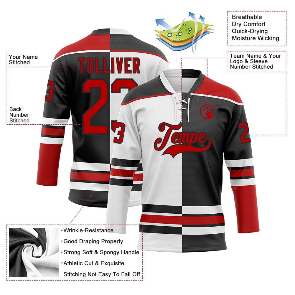 Custom Black Red-White Split Fashion Hockey Lace Neck Jersey view 3