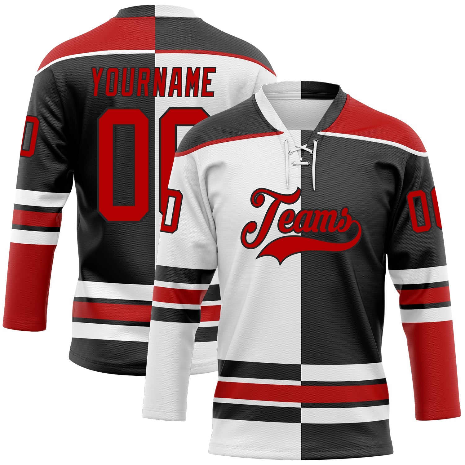Custom Black Red-White Split Fashion Hockey Lace Neck Jersey - Main View