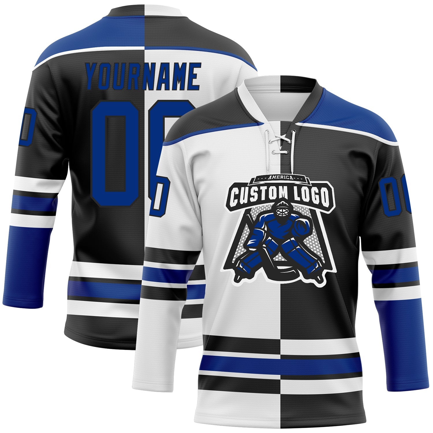 Custom Black Royal-White Split Fashion Hockey Lace Neck Jersey view 2