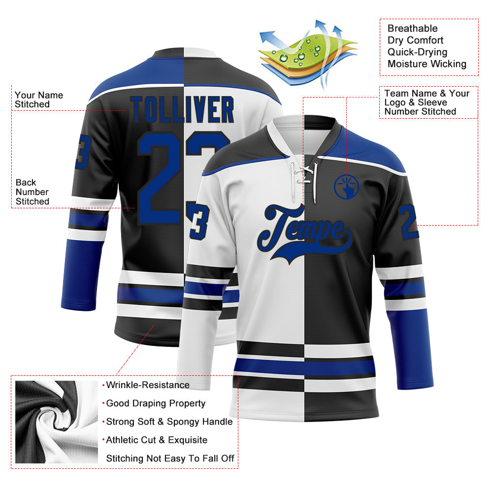 Custom Black Royal-White Split Fashion Hockey Lace Neck Jersey view 3