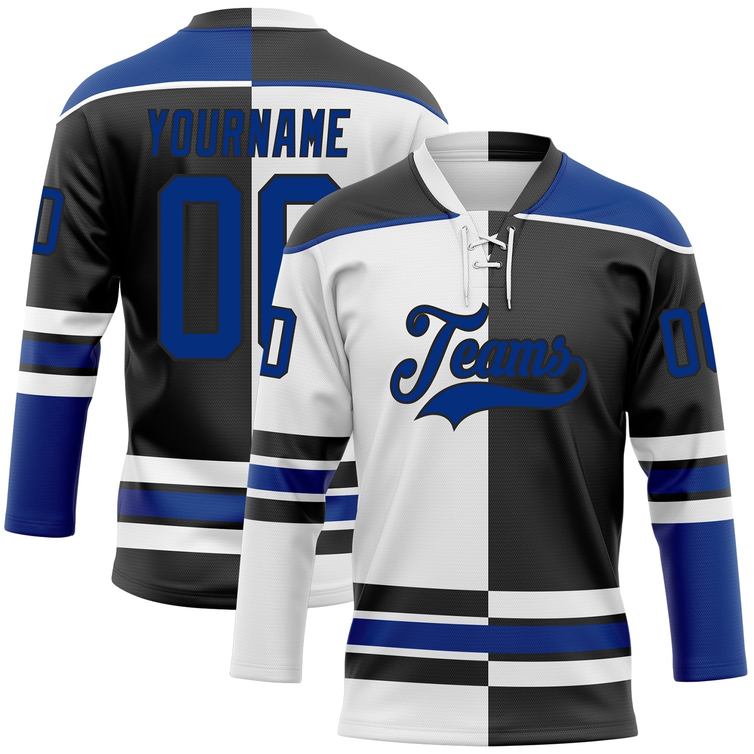 Custom Black Royal-White Split Fashion Hockey Lace Neck Jersey - Main View