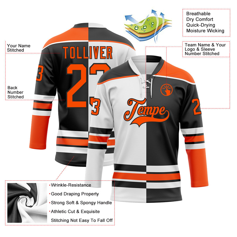 Custom Black Orange-White Split Fashion Hockey Lace Neck Jersey view 3