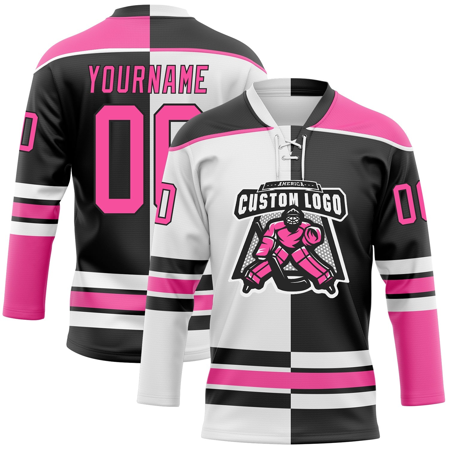 Custom Black Pink-White Split Fashion Hockey Lace Neck Jersey view 2
