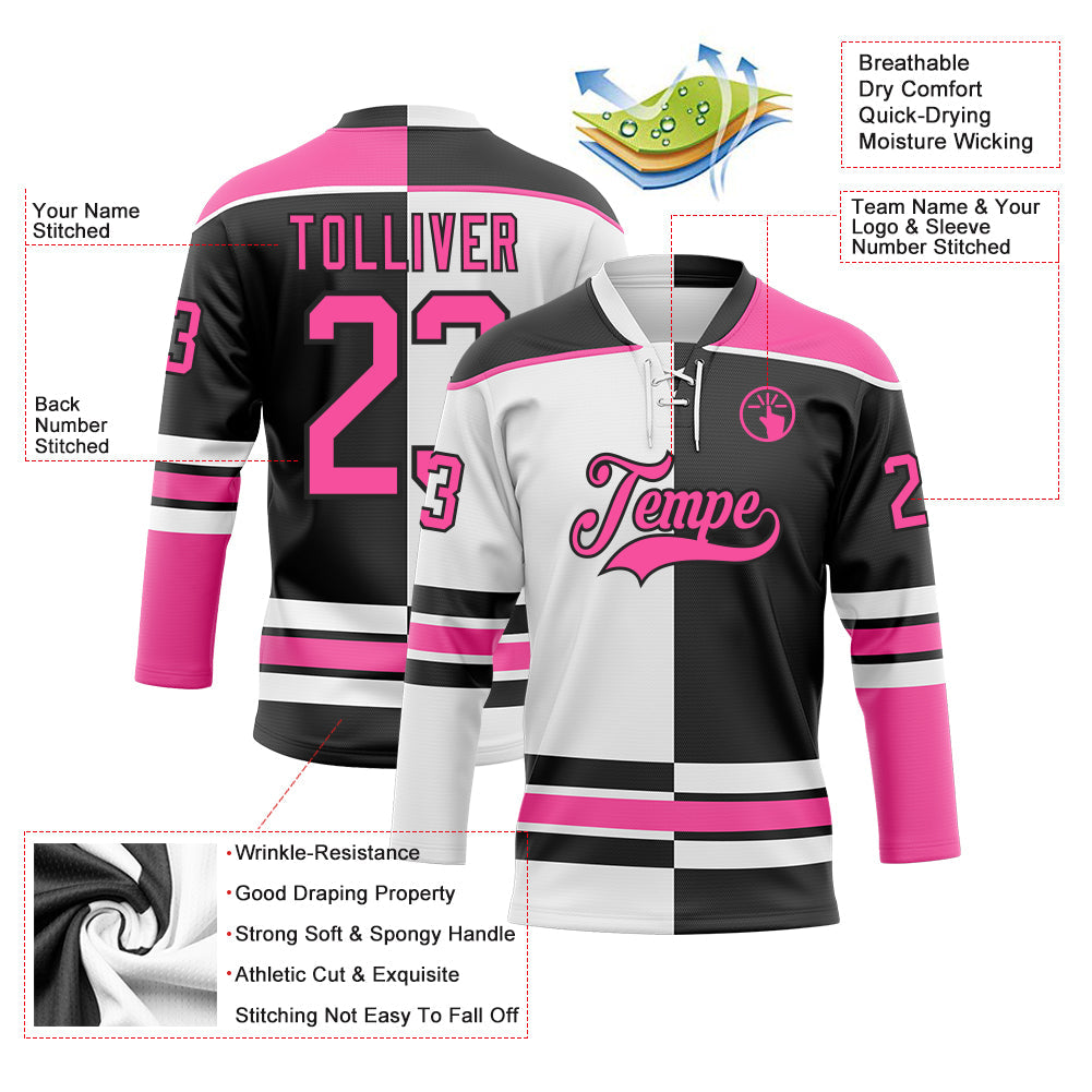 Custom Black Pink-White Split Fashion Hockey Lace Neck Jersey view 3