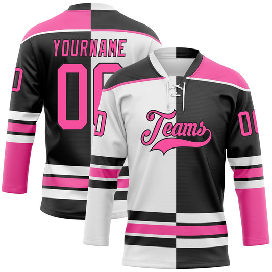 Custom Black Pink-White Split Fashion Hockey Lace Neck Jersey - Main View