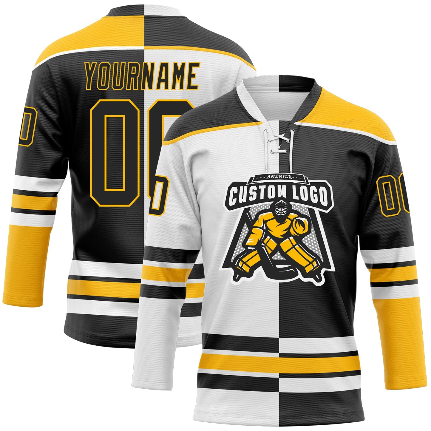 Custom Black Gold-White Split Fashion Hockey Lace Neck Jersey view 2