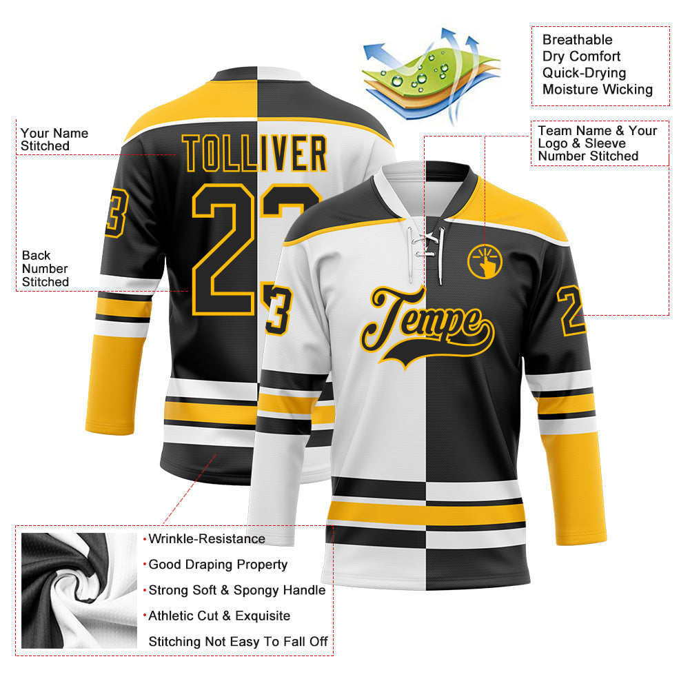 Custom Black Gold-White Split Fashion Hockey Lace Neck Jersey view 3