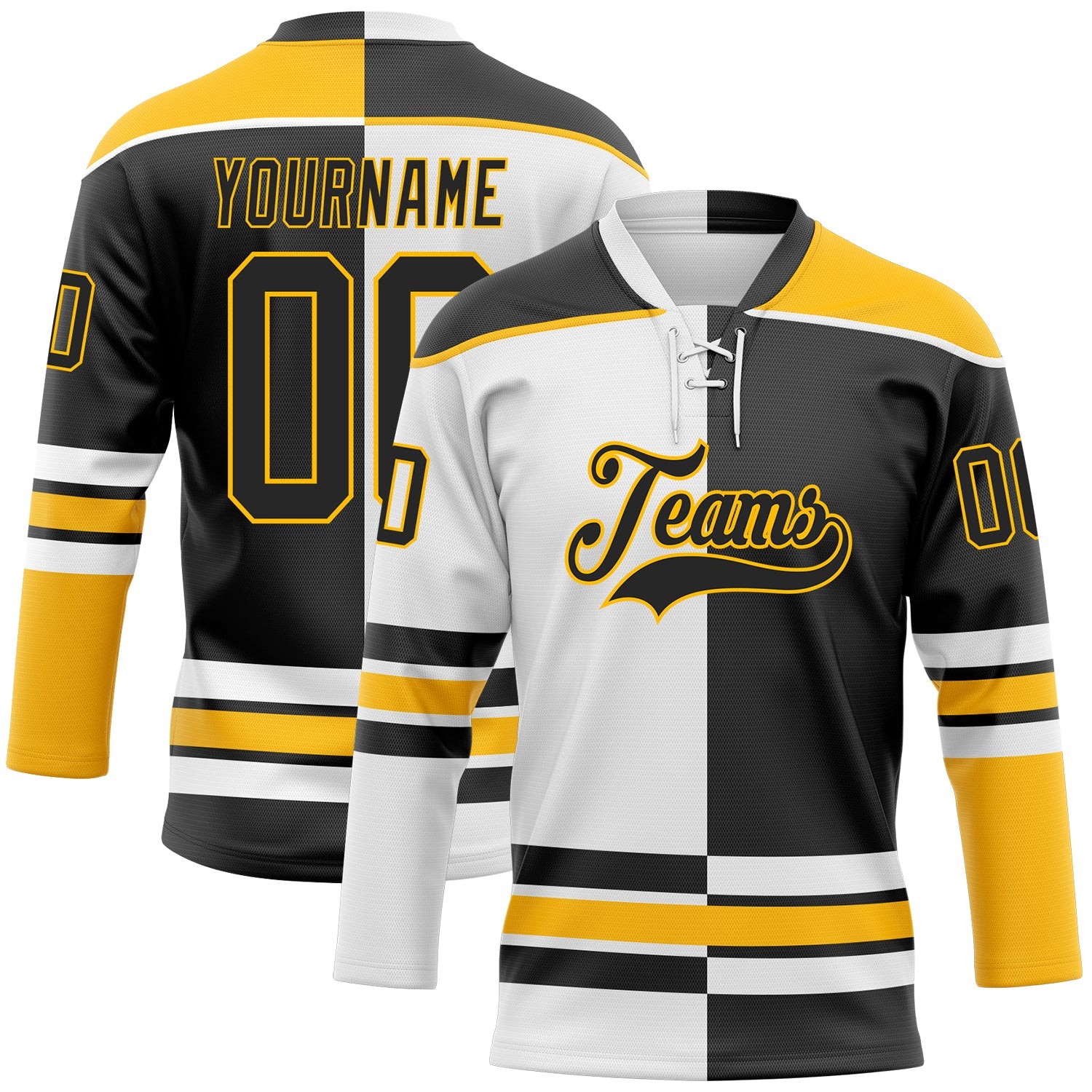 Custom Black Gold-White Split Fashion Hockey Lace Neck Jersey - Main View