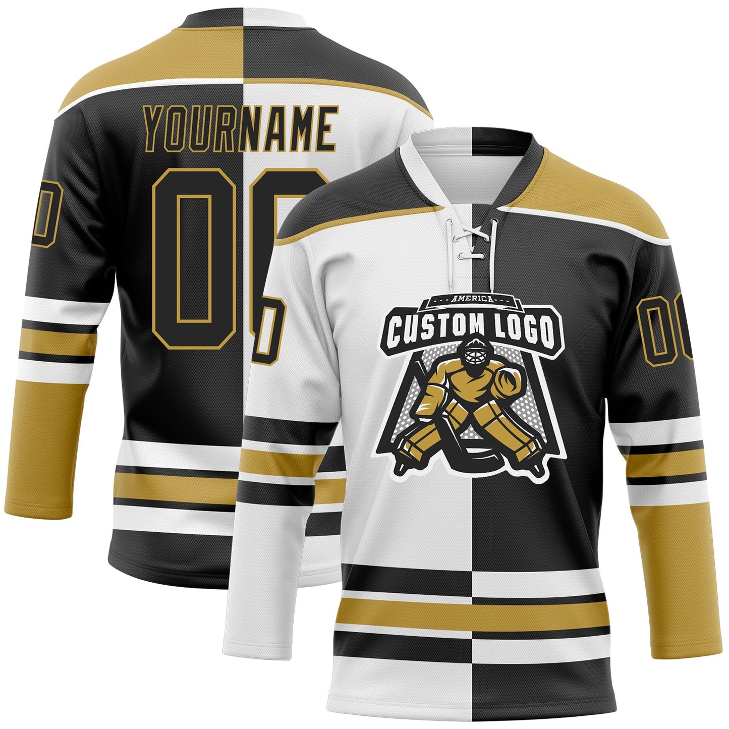 Custom Black Old Gold-White Split Fashion Hockey Lace Neck Jersey view 2