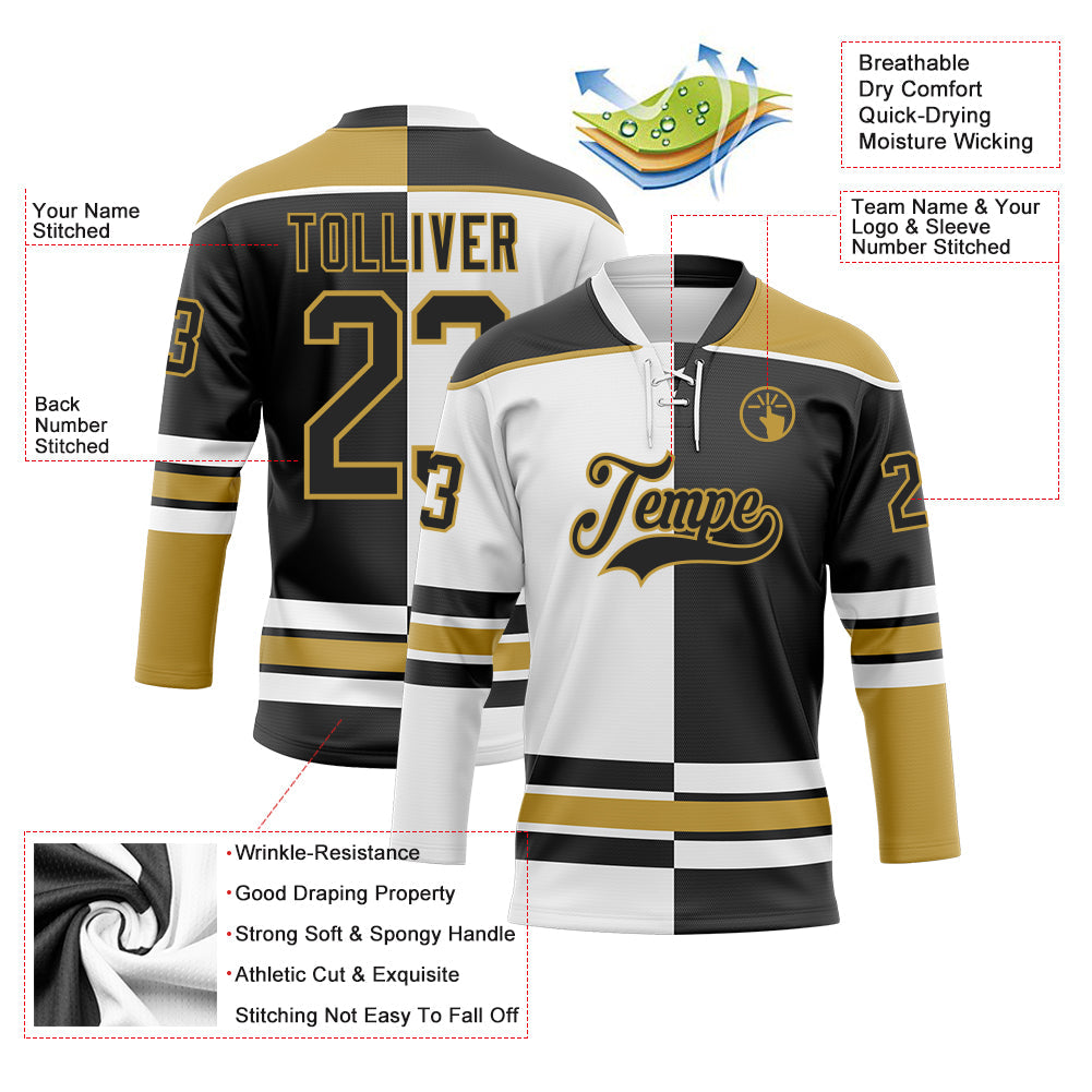 Custom Black Old Gold-White Split Fashion Hockey Lace Neck Jersey view 3