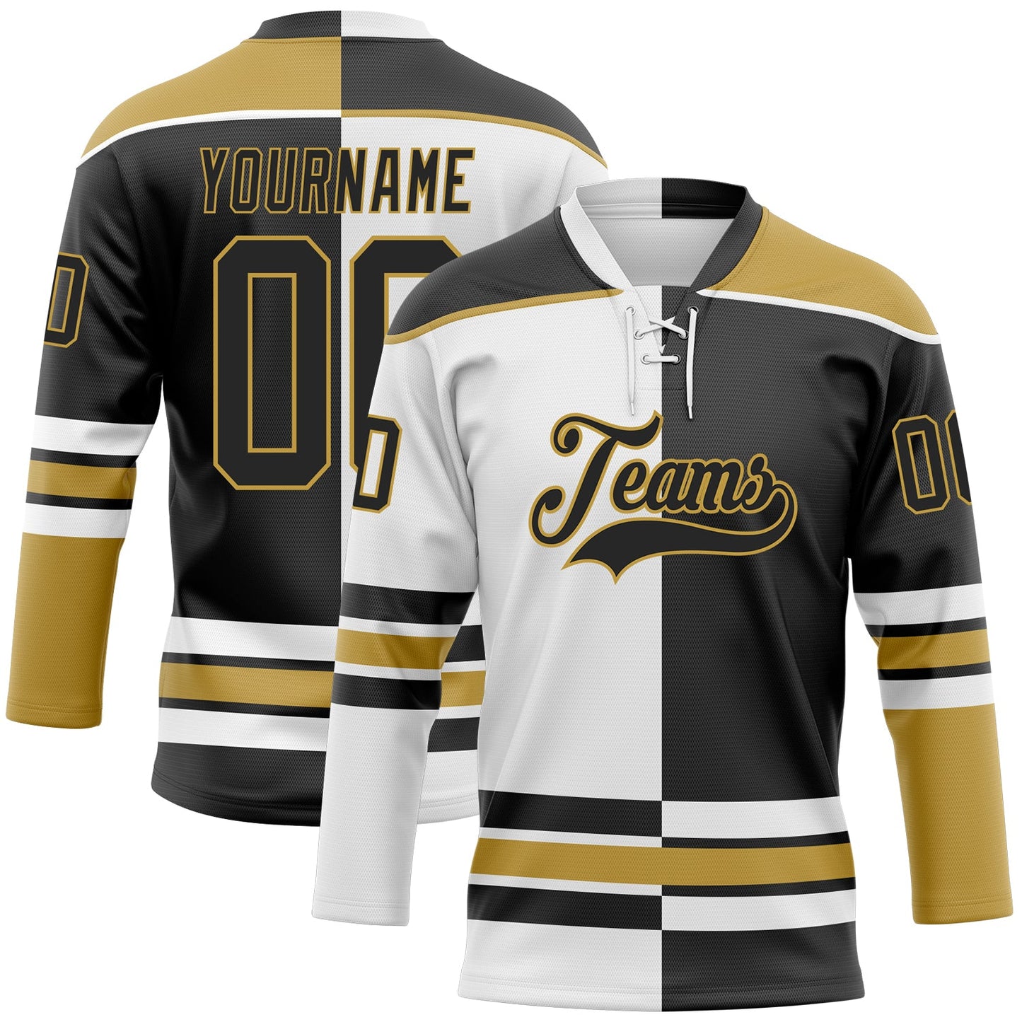 Custom Black Old Gold-White Split Fashion Hockey Lace Neck Jersey - Main View