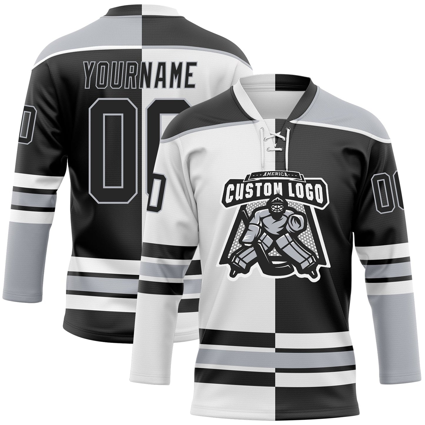 Custom Black Gray-White Split Fashion Hockey Lace Neck Jersey view 2