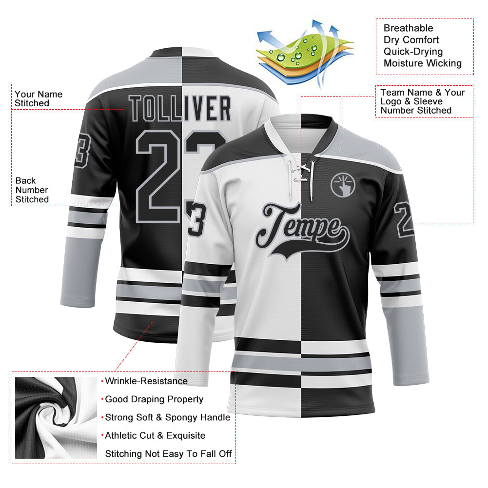 Custom Black Gray-White Split Fashion Hockey Lace Neck Jersey view 3