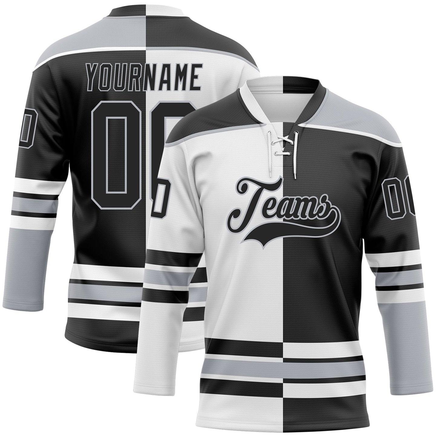 Custom Black Gray-White Split Fashion Hockey Lace Neck Jersey - Main View