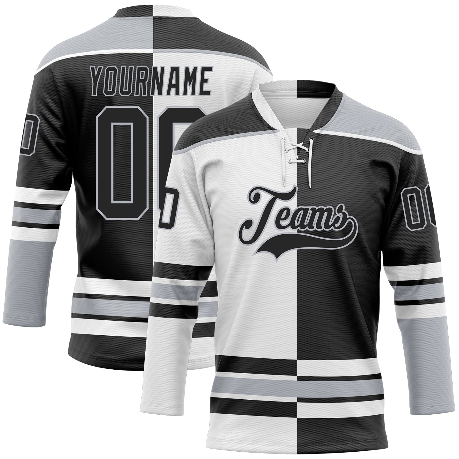 Custom Black Gray-White Split Fashion Hockey Lace Neck Jersey - Main View