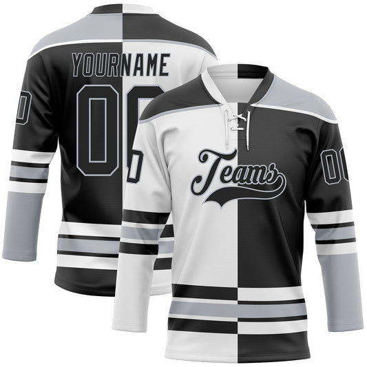 Custom Black Gray-White Split Fashion Hockey Lace Neck Jersey - Main View