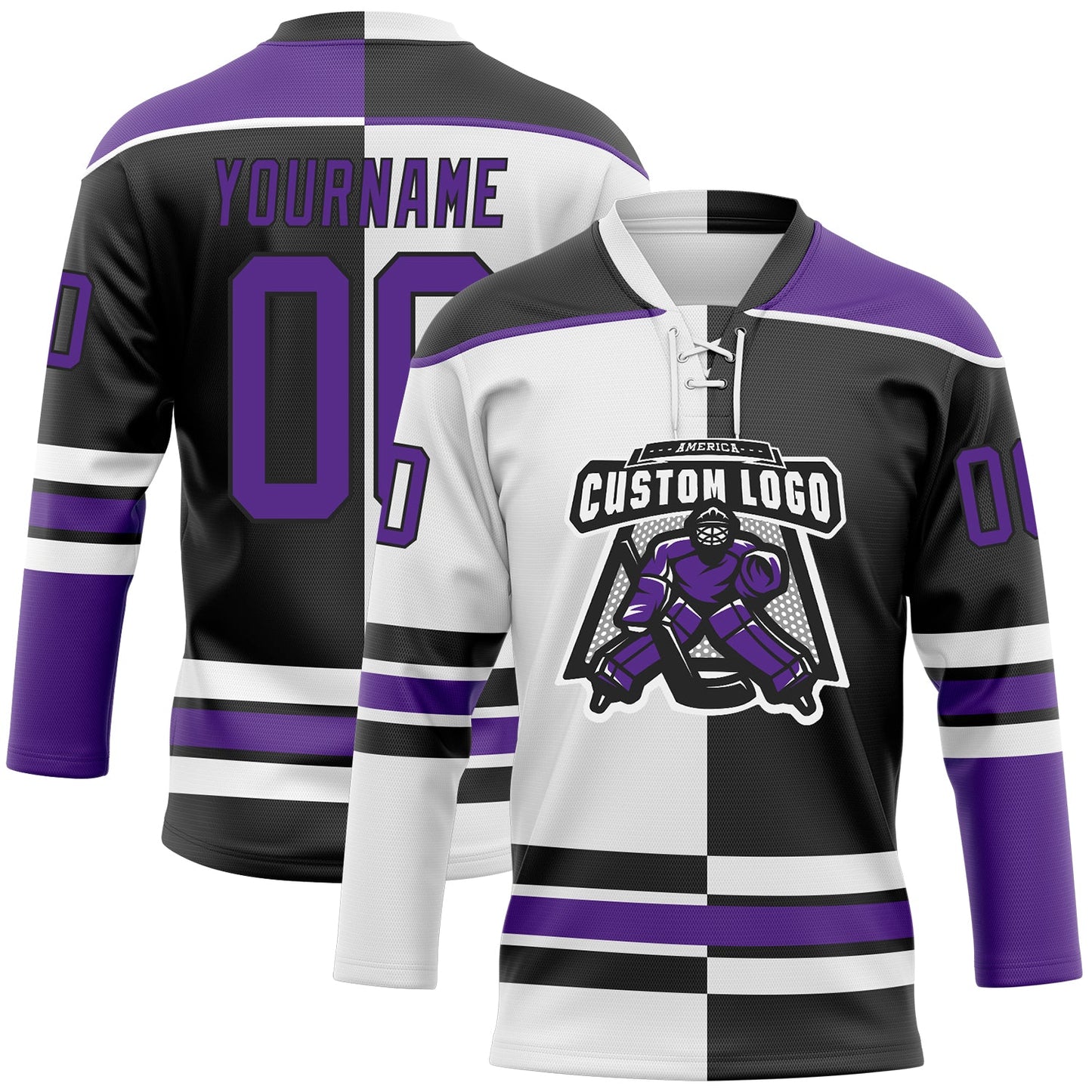 Custom Black Purple-White Split Fashion Hockey Lace Neck Jersey view 2