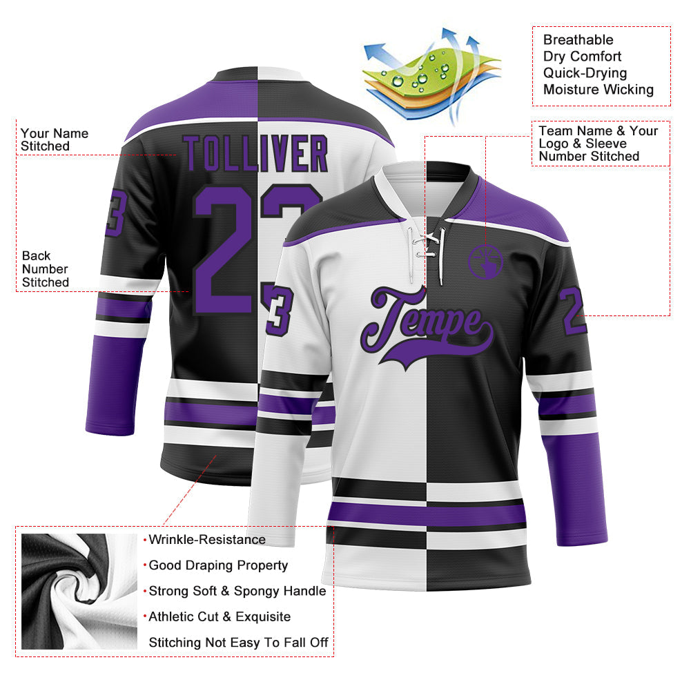 Custom Black Purple-White Split Fashion Hockey Lace Neck Jersey view 3