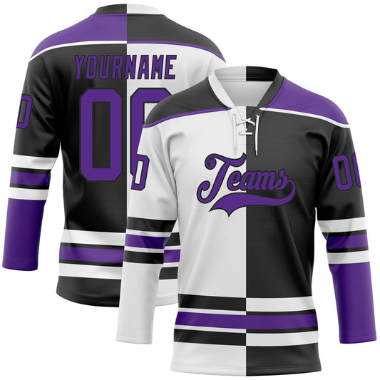 Custom Black Purple-White Split Fashion Hockey Lace Neck Jersey - Main View