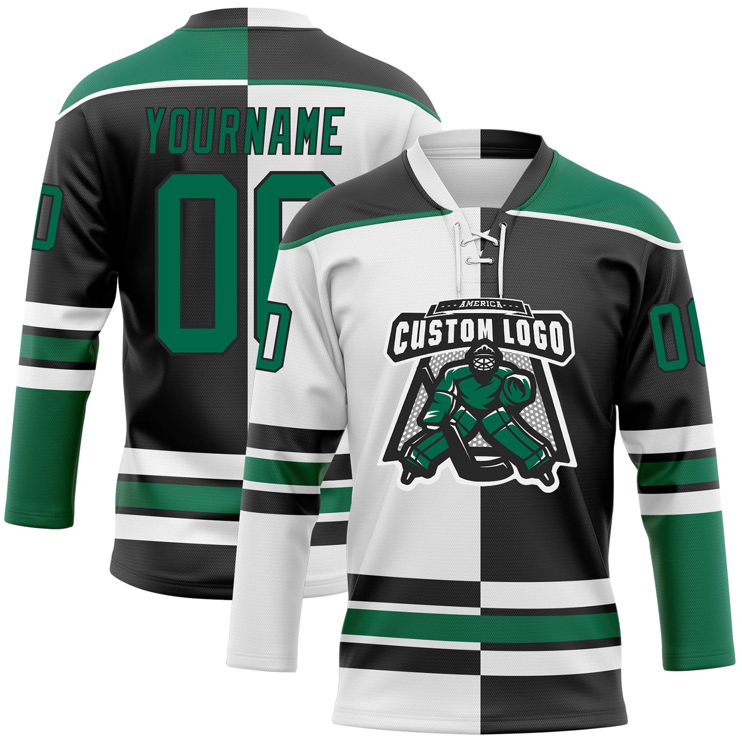 Custom Black Kelly Green-White Split Fashion Hockey Lace Neck Jersey view 2