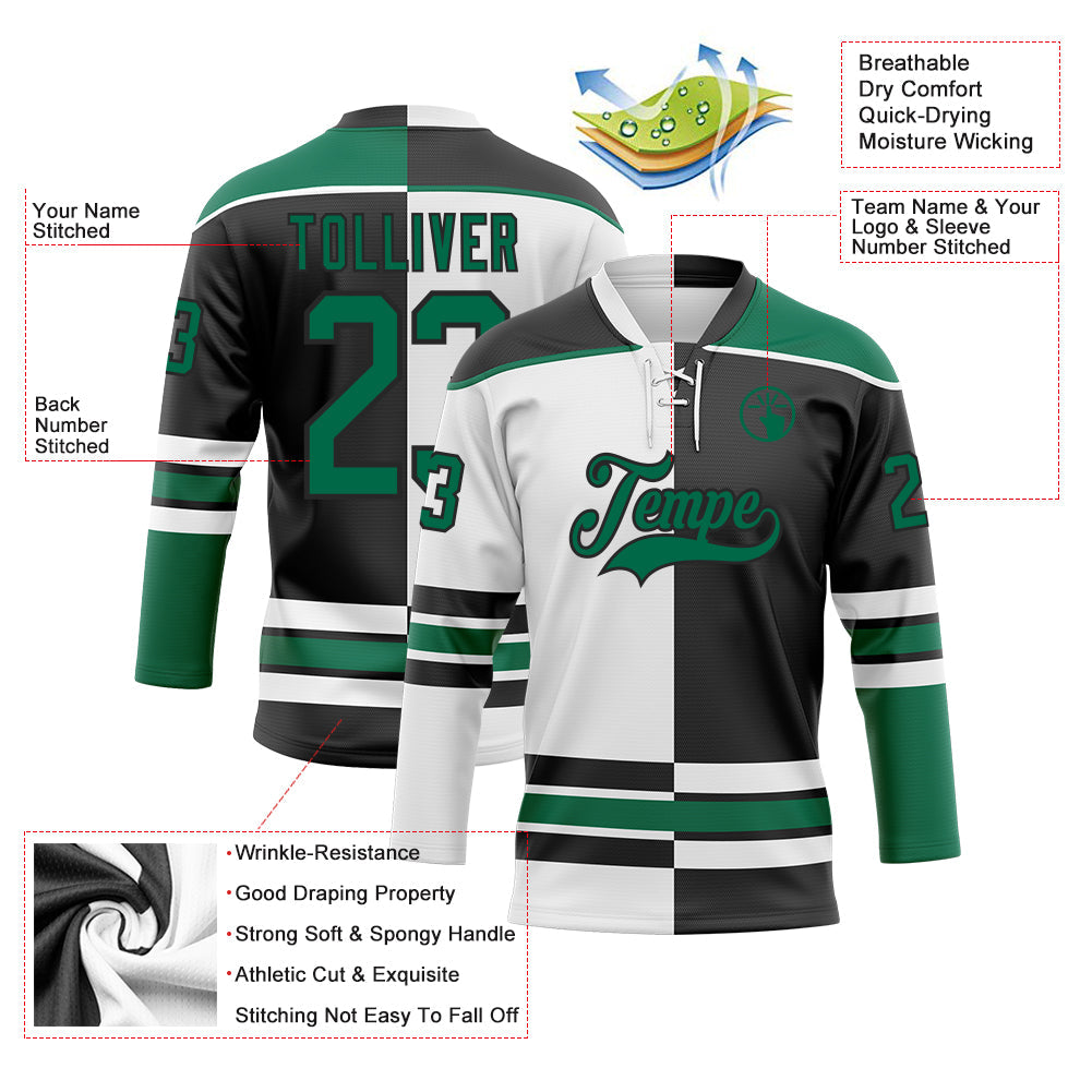 Custom Black Kelly Green-White Split Fashion Hockey Lace Neck Jersey view 3