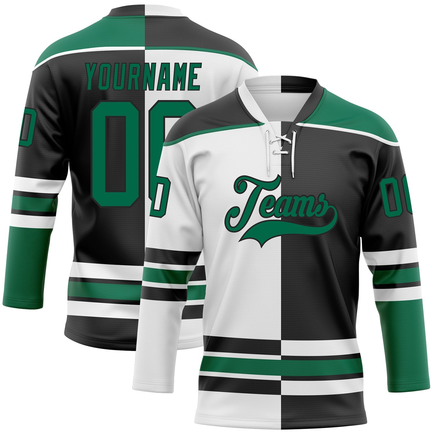 Custom Black Kelly Green-White Split Fashion Hockey Lace Neck Jersey - Main View