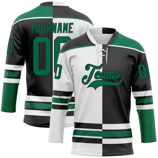 Custom Black Kelly Green-White Split Fashion Hockey Lace Neck Jersey - Main View