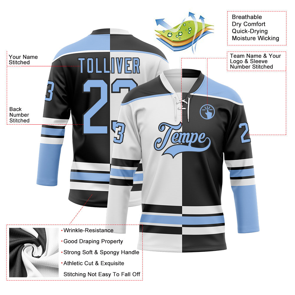 Custom Black Light Blue-White Split Fashion Hockey Lace Neck Jersey view 3