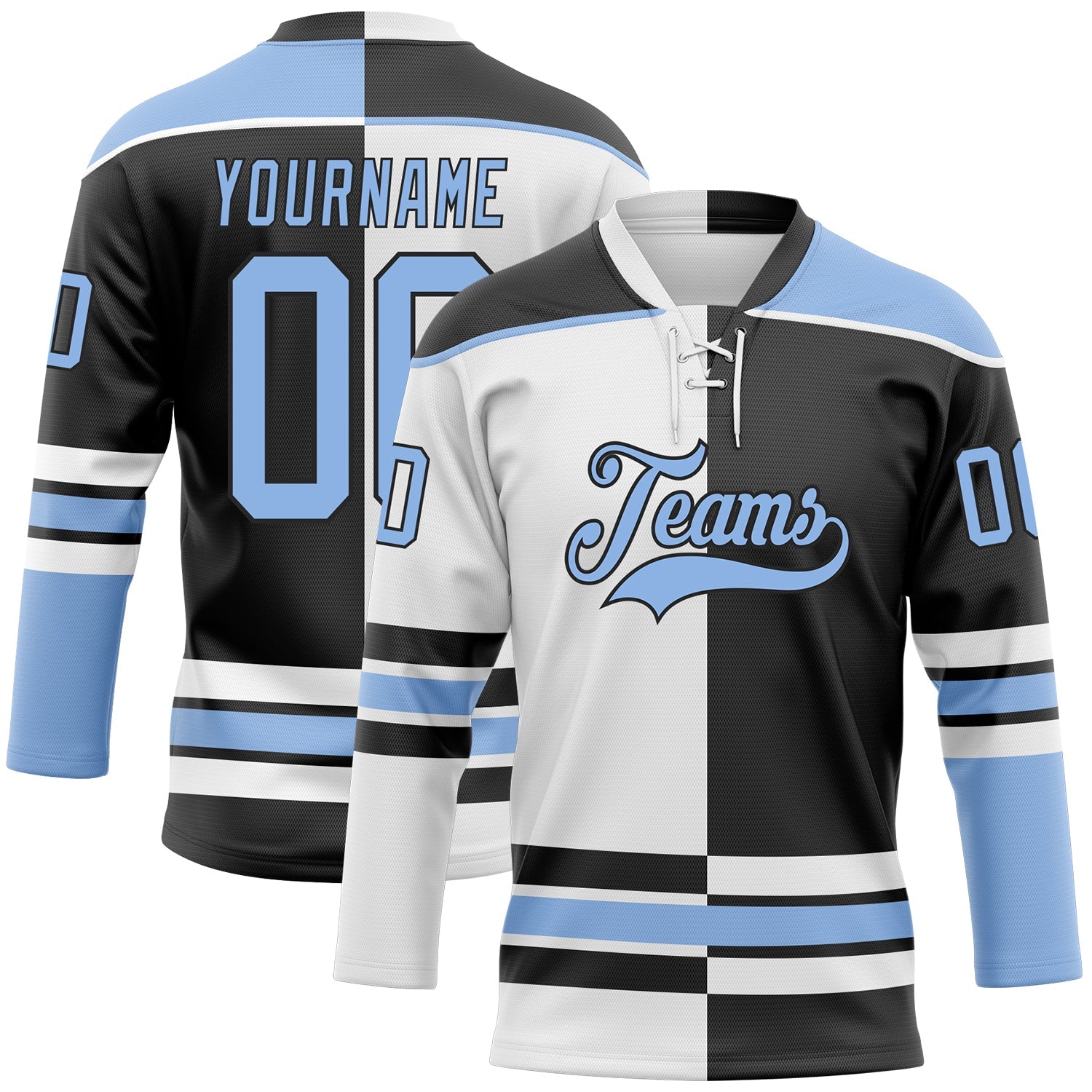 Custom Black Light Blue-White Split Fashion Hockey Lace Neck Jersey - Main View