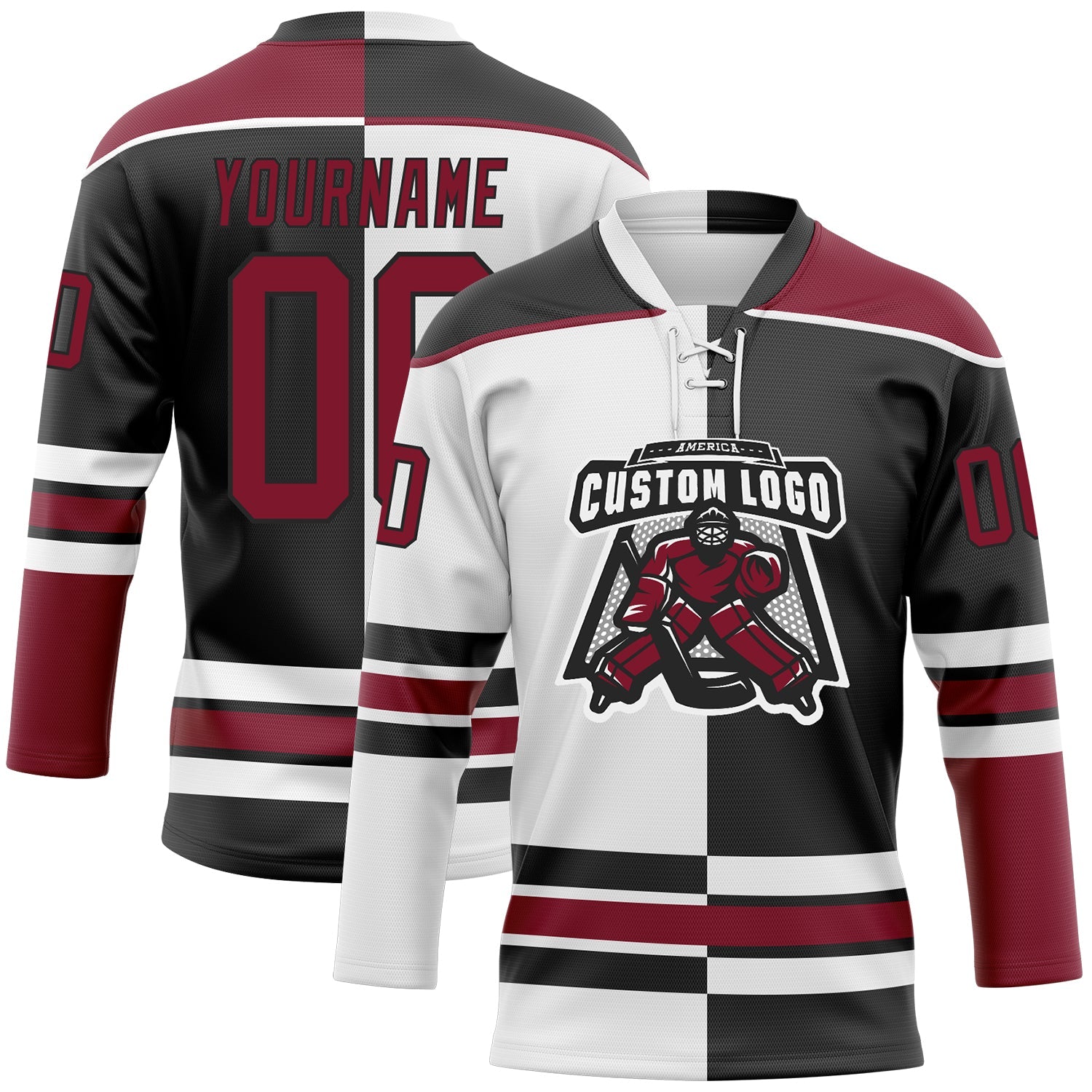 Custom Black Crimson-White Split Fashion Hockey Lace Neck Jersey view 2