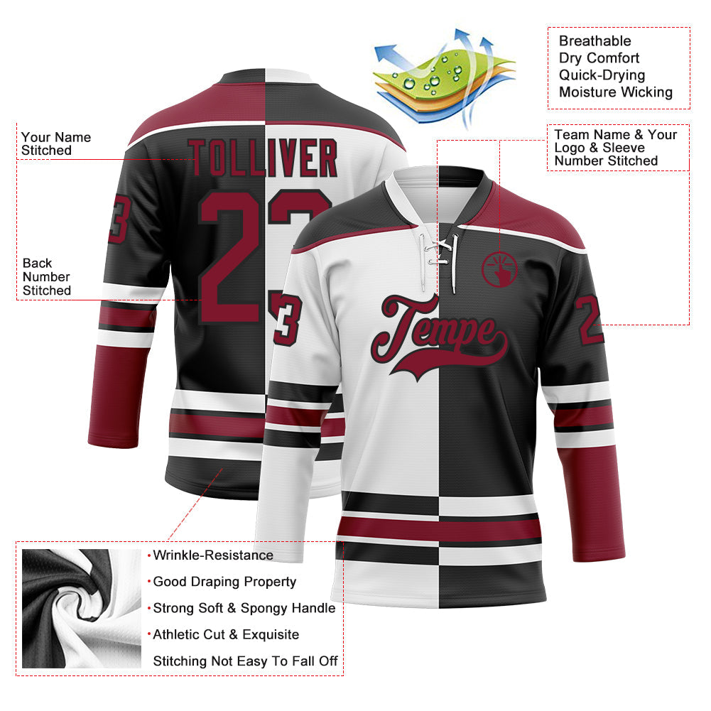 Custom Black Crimson-White Split Fashion Hockey Lace Neck Jersey view 3
