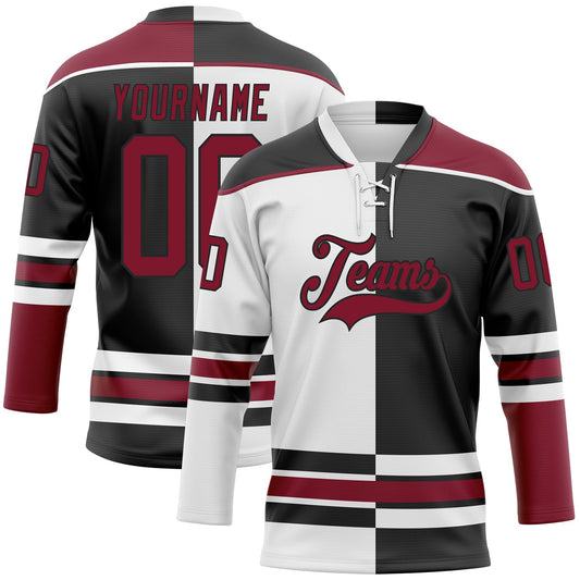 Custom Black Crimson-White Split Fashion Hockey Lace Neck Jersey - Main View