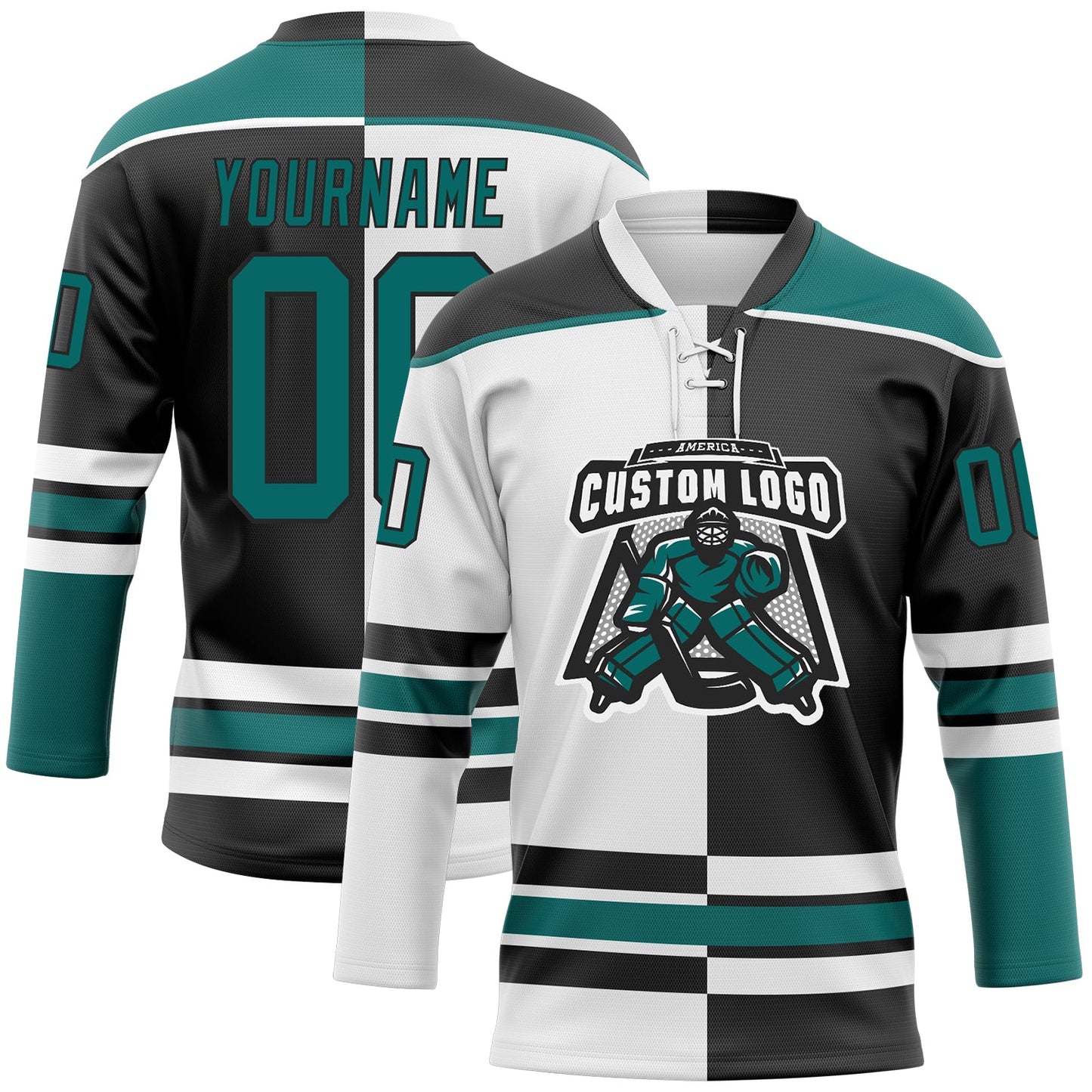 Custom Black Teal-White Split Fashion Hockey Lace Neck Jersey view 2