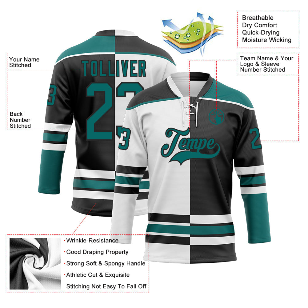 Custom Black Teal-White Split Fashion Hockey Lace Neck Jersey view 3