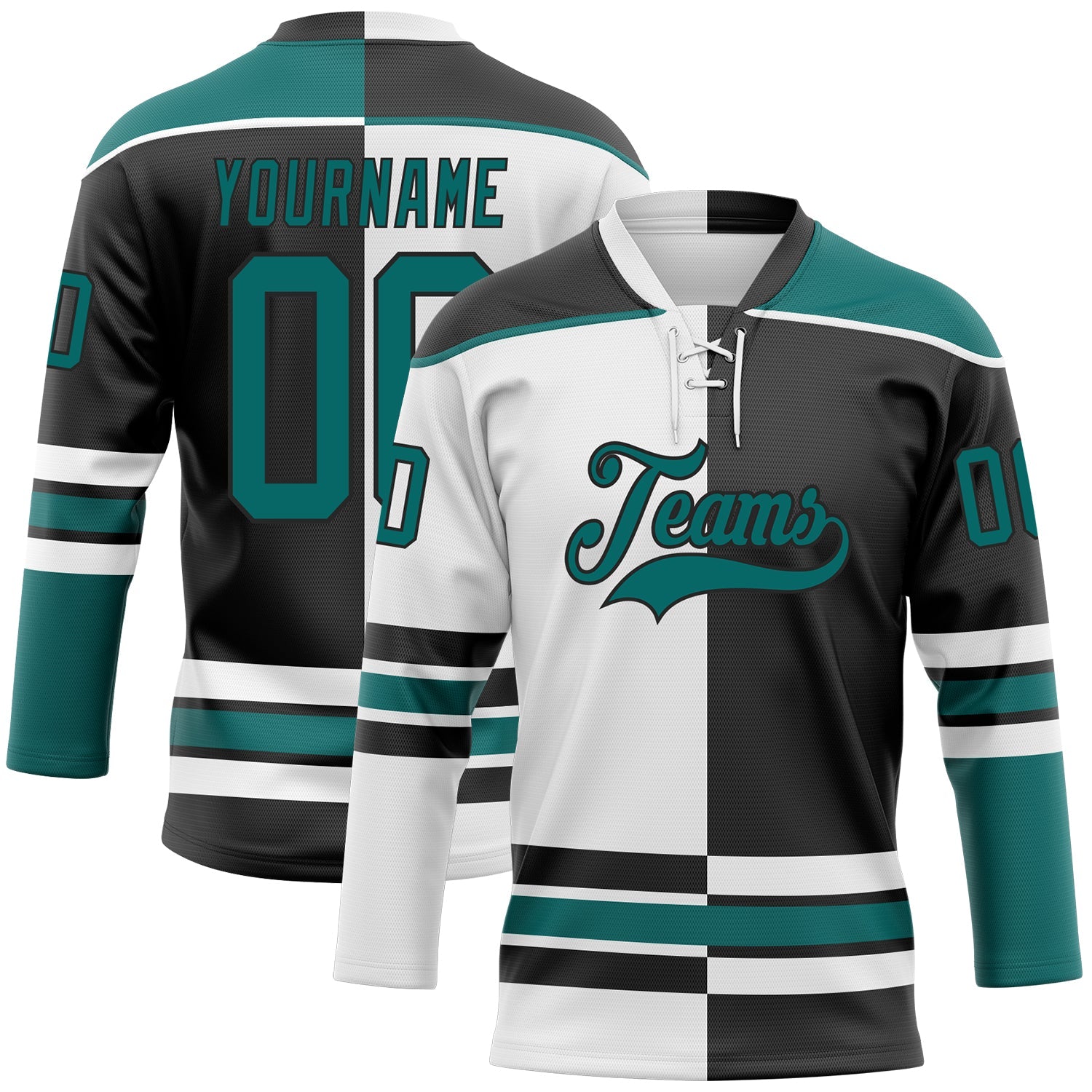 Custom Black Teal-White Split Fashion Hockey Lace Neck Jersey - Main View