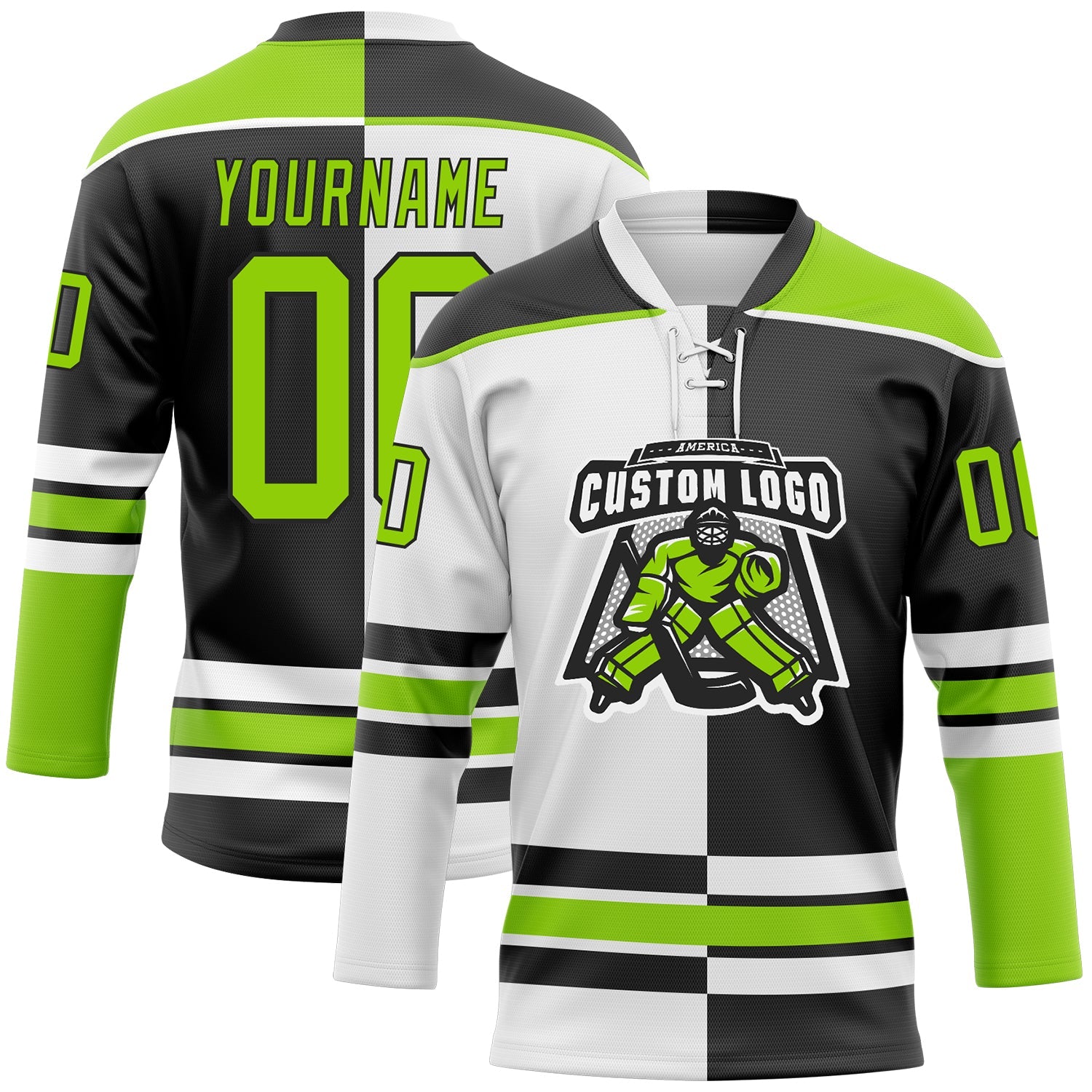 Custom Black Neon Green-White Split Fashion Hockey Lace Neck Jersey view 2