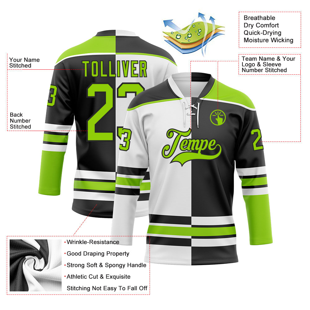 Custom Black Neon Green-White Split Fashion Hockey Lace Neck Jersey view 3
