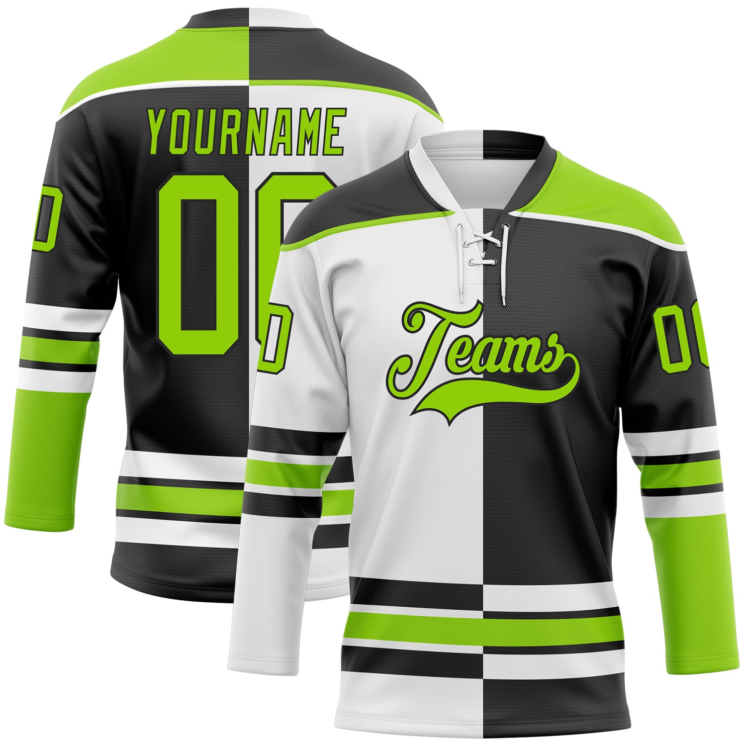 Custom Black Neon Green-White Split Fashion Hockey Lace Neck Jersey - Main View