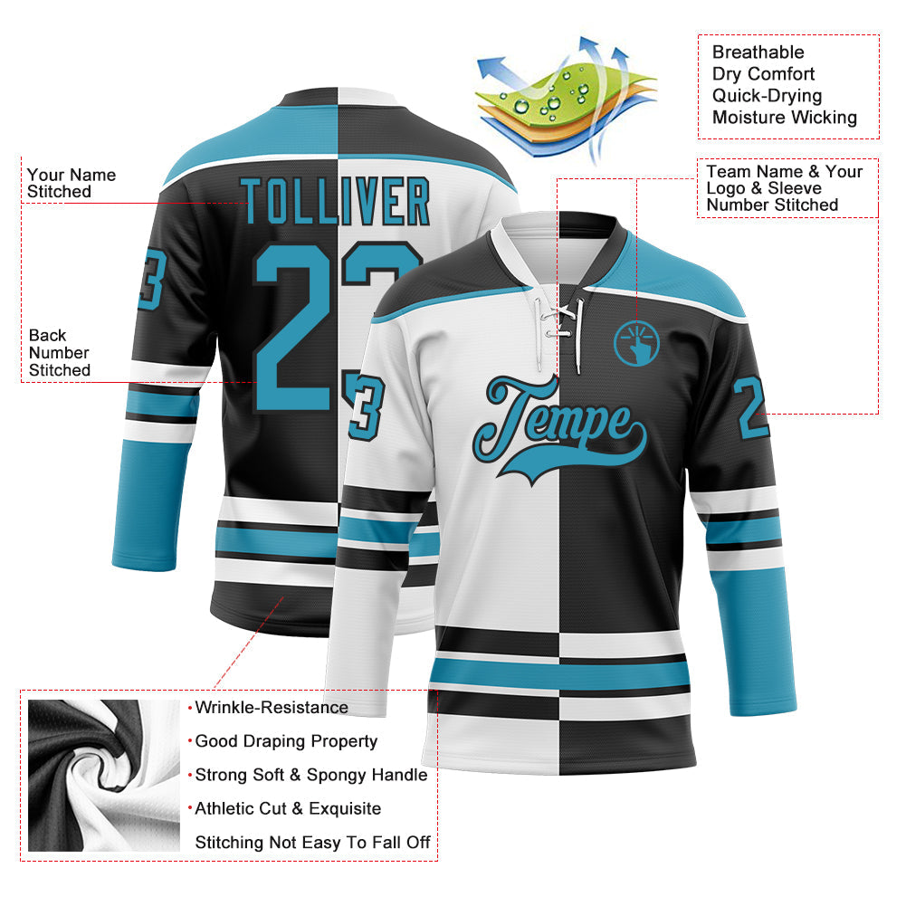 Custom Black Panther Blue-White Split Fashion Hockey Lace Neck Jersey view 3
