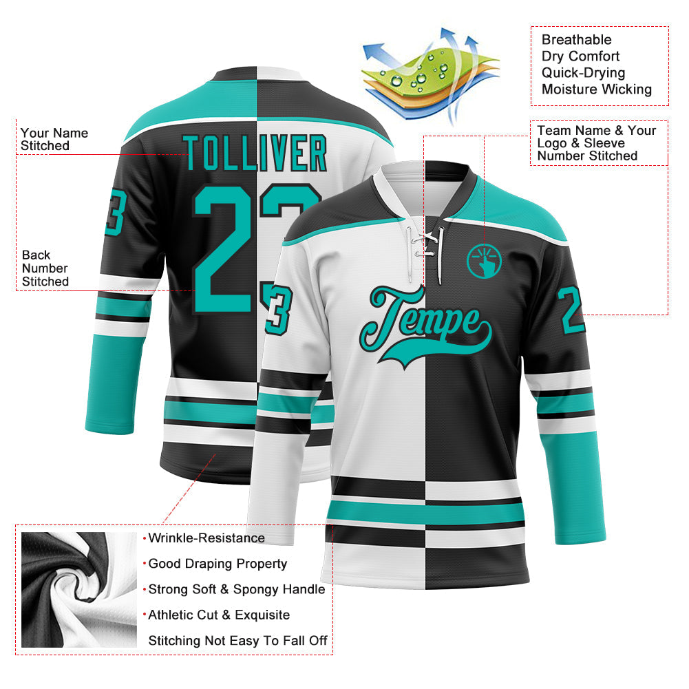Custom Black Aqua-White Split Fashion Hockey Lace Neck Jersey view 3