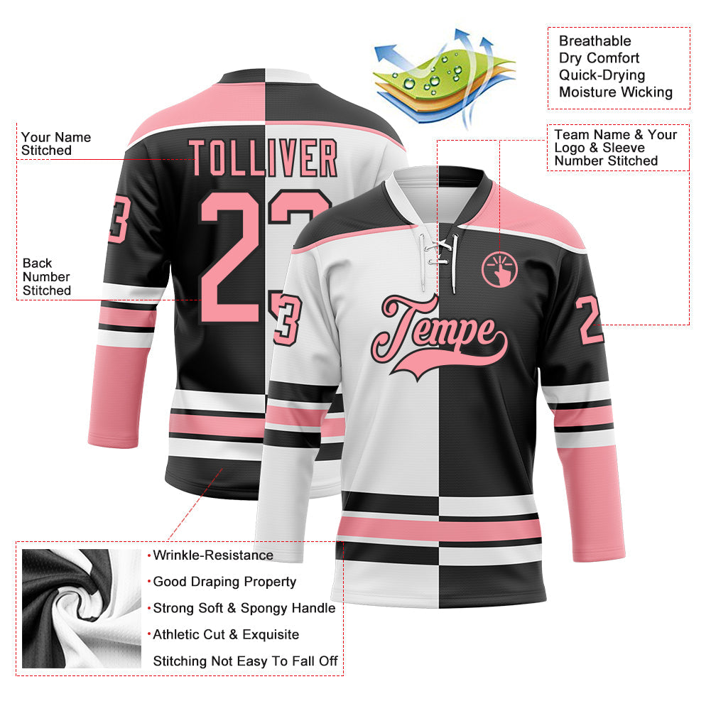Custom Black Medium Pink-White Split Fashion Hockey Lace Neck Jersey view 3