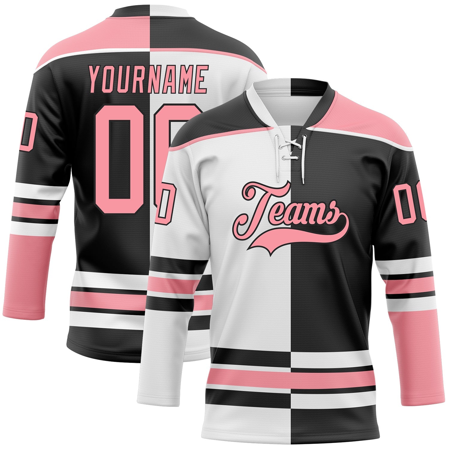 Custom Black Medium Pink-White Split Fashion Hockey Lace Neck Jersey - Main View