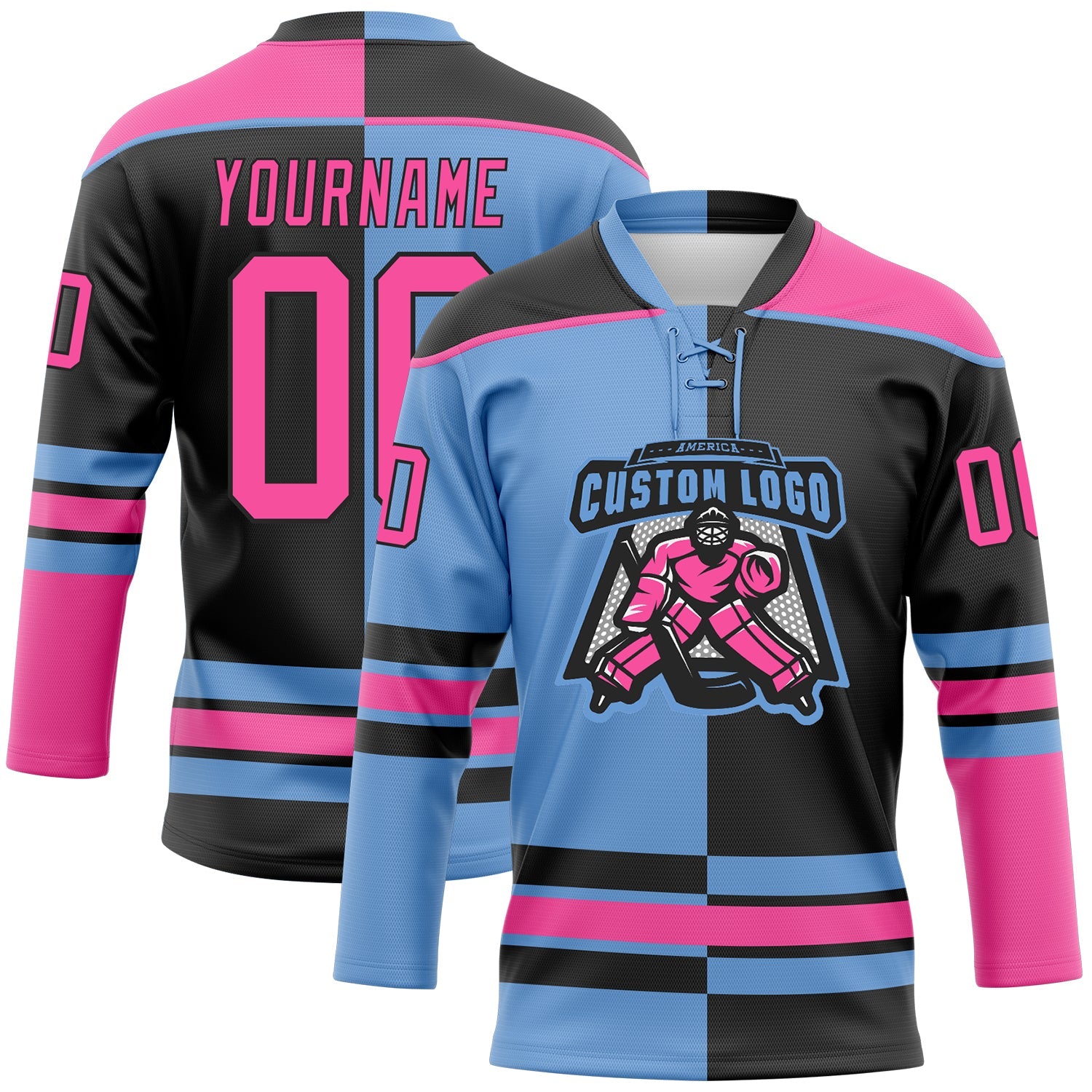 Custom Black Pink-Light Blue Split Fashion Hockey Lace Neck Jersey view 2