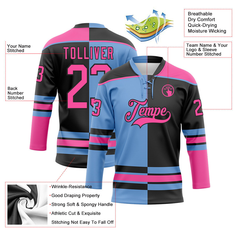 Custom Black Pink-Light Blue Split Fashion Hockey Lace Neck Jersey view 3