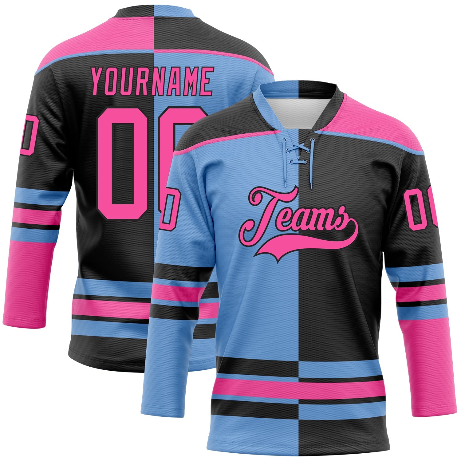 Custom Black Pink-Light Blue Split Fashion Hockey Lace Neck Jersey - Main View