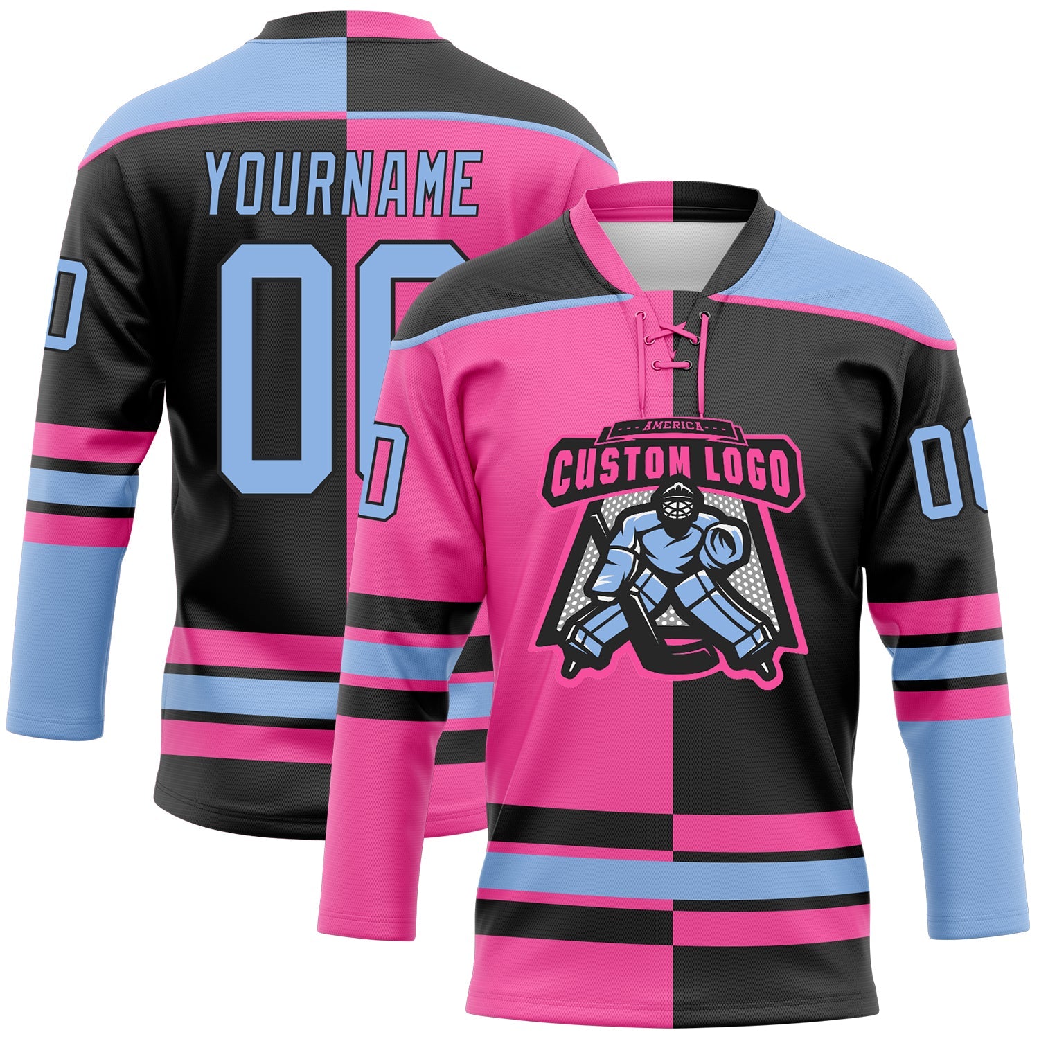 Custom Black Light Blue-Pink Split Fashion Hockey Lace Neck Jersey view 2